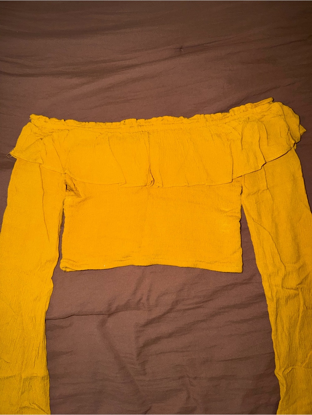 Off-Shoulder Ruffle Crop Top in Mustard Yellow